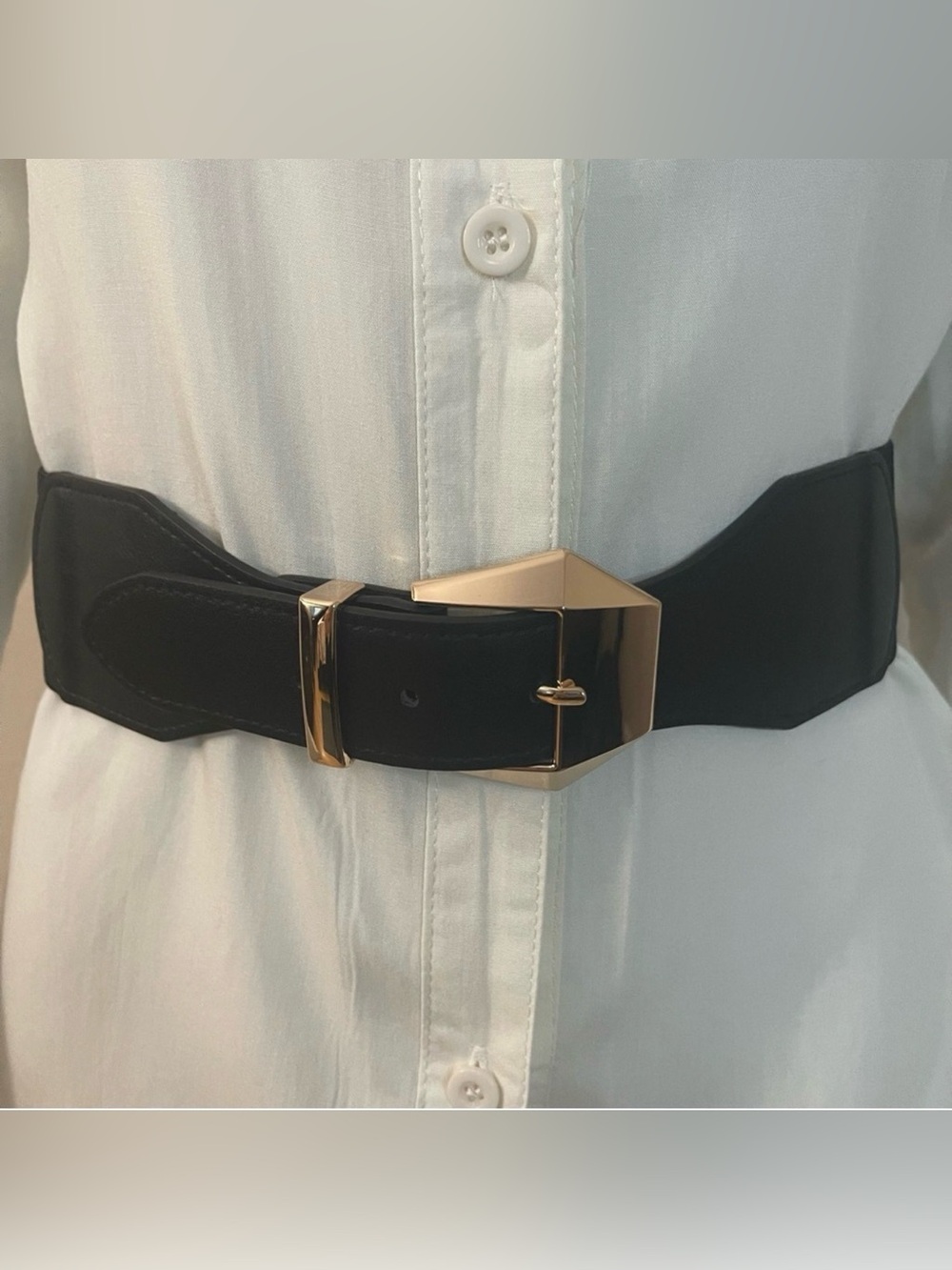 Black PU leather gold tone buckle elastic waistband belt